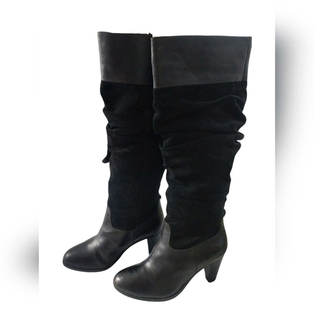 Antonio Melani Knee High‎ Heel Black Leather Boots 7½M Witchy Goth Feminine Y2K